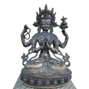 Brass Avalokiteshvara Statue | Buddhist Altar Decor | Vintage Brass Deity
